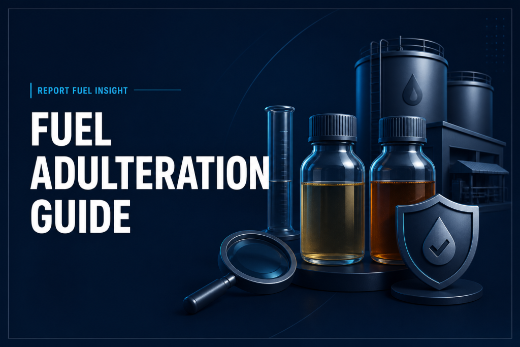 Fuel sample bottles, testing cylinder and verification shield illustrating fuel adulteration checks