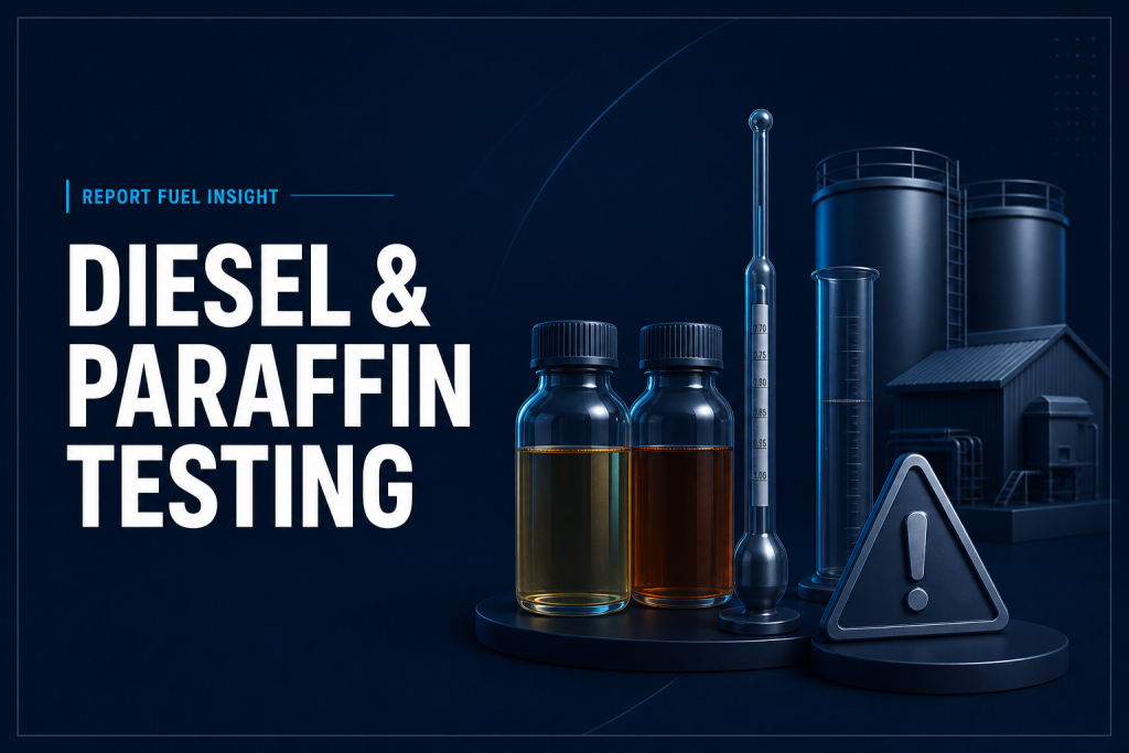 Diesel and paraffin samples with hydrometer and warning symbol for fuel quality testing