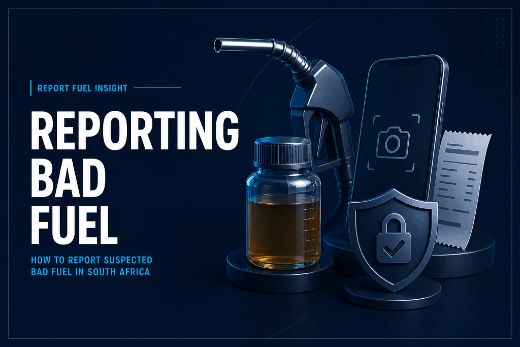 Fuel nozzle, sample jar, smartphone and secure shield illustrating how to report bad fuel