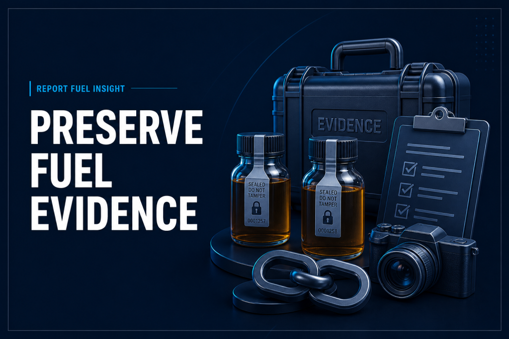 Sealed fuel samples, evidence case, camera and chain symbol illustrating chain of custody