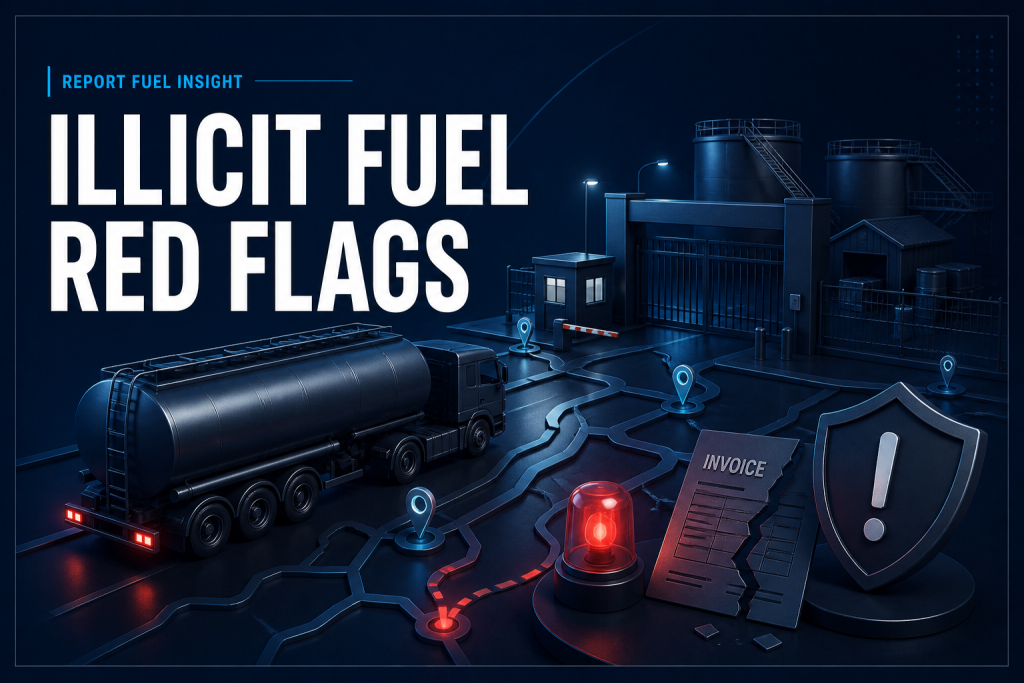 Fuel tanker, depot gate, route map and alert symbols illustrating illicit fuel trading risks