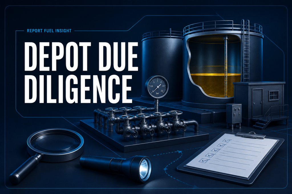 Storage tanks, valves, gauge, flashlight and inspection checklist for depot due diligence