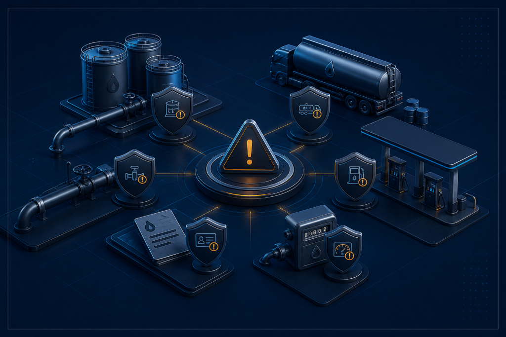 Petroleum value chain with warning markers for adulteration, theft, licence fraud, storage risks and meter tampering